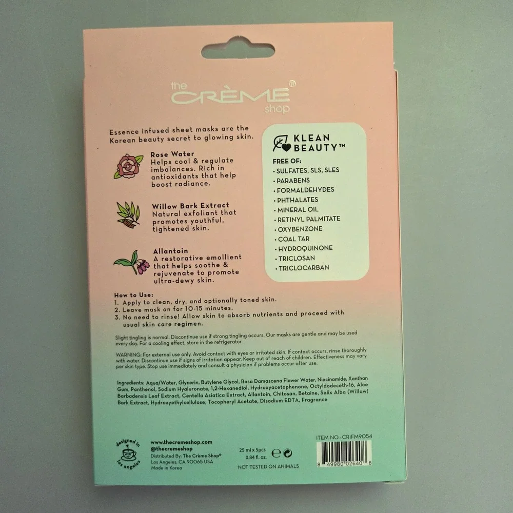 The Creme Shop Rose Water Klean Beauty Essence Sheet Mask 5 Pack CRIFM9054